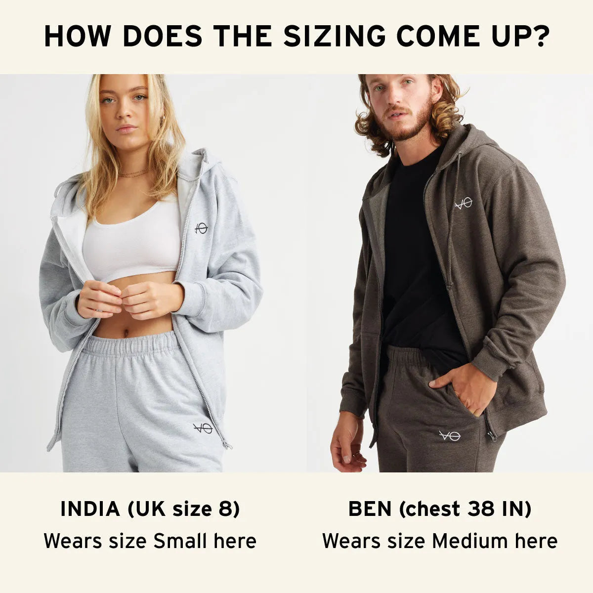 Two people wearing matching outfits with text about sizing chart.