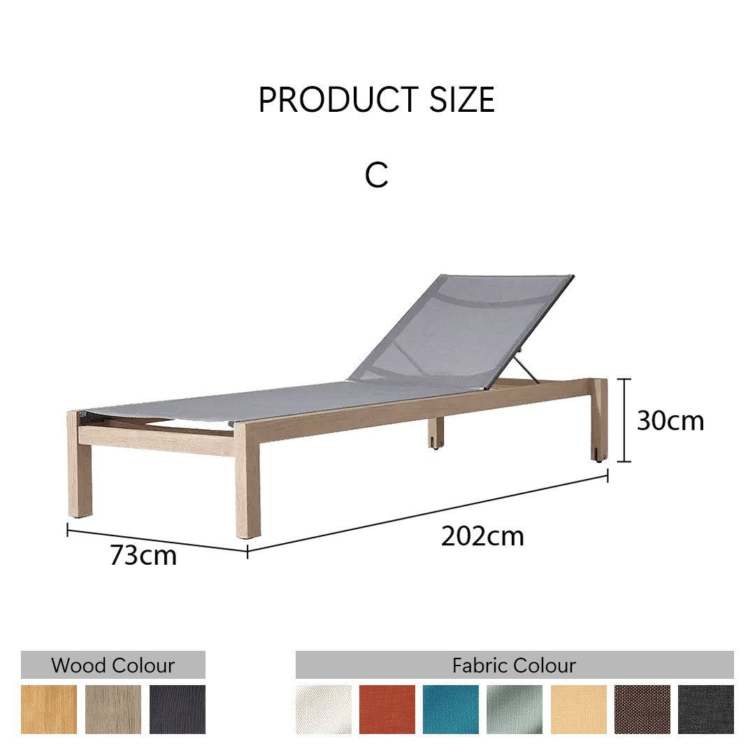 Measurement chart of a lounge chair with dimensions and color options.