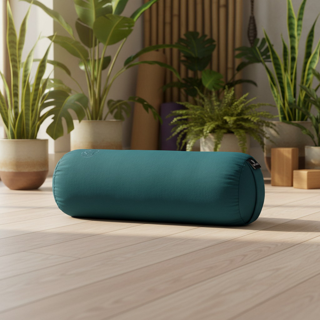 A teal yoga bolster pillow lies horizontally on a light wood floor, surrounded by potted green plants in a bright, modern room.