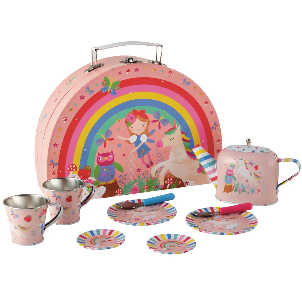 Children's tea set with tin case featuring a fairy and rainbow design on a white background.
