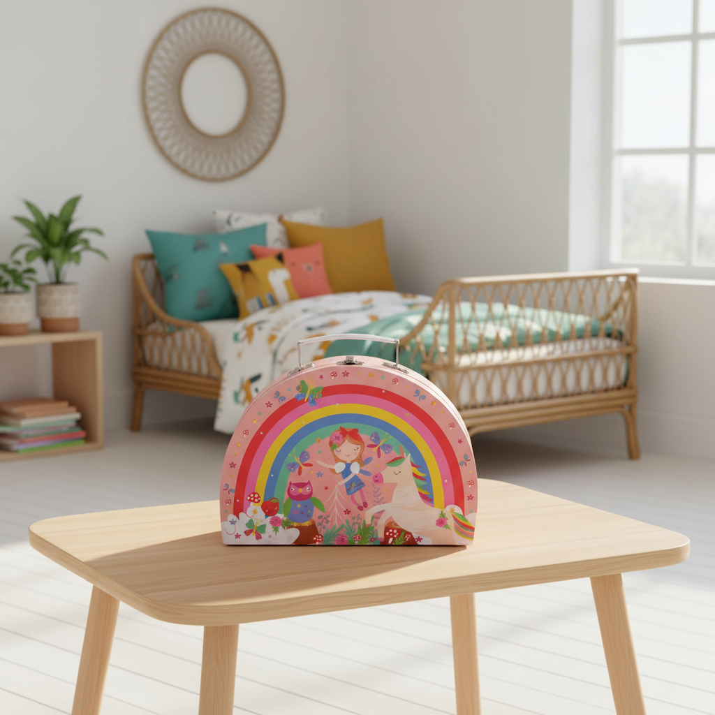 A colourful children's metal tea set in a carry case featuring a rainbow, unicorn, and fairy illustration, displayed on a light wood table in a bright, modern nursery setting.