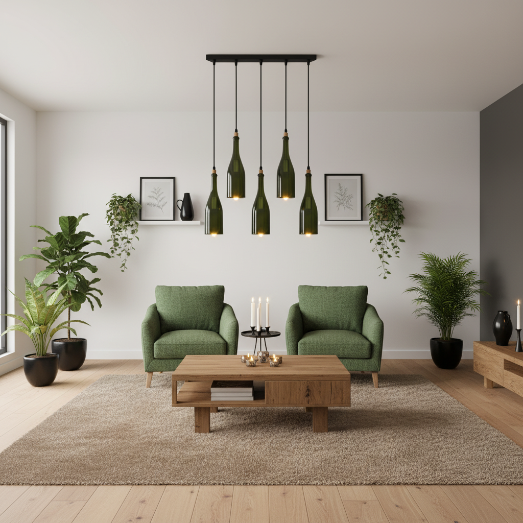 A modern living room setup featuring two green armchairs, a wooden coffee table, a beige shag rug, and a black multi-light pendant fixture with green glass bottle-shaped shades hanging above.