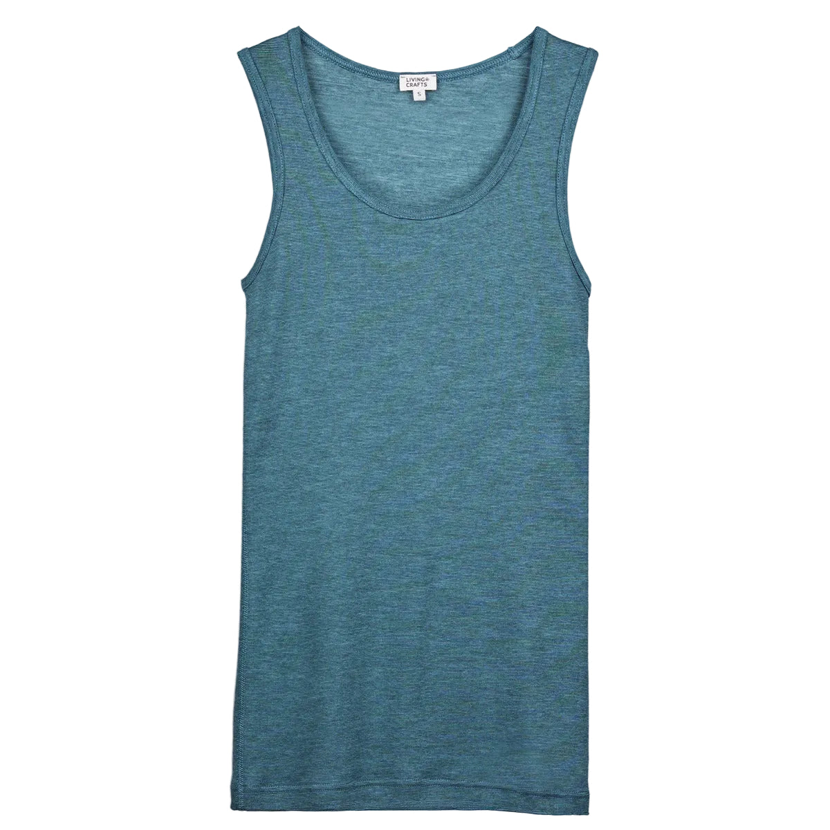A heathered slate blue tank top laid flat against a white background.