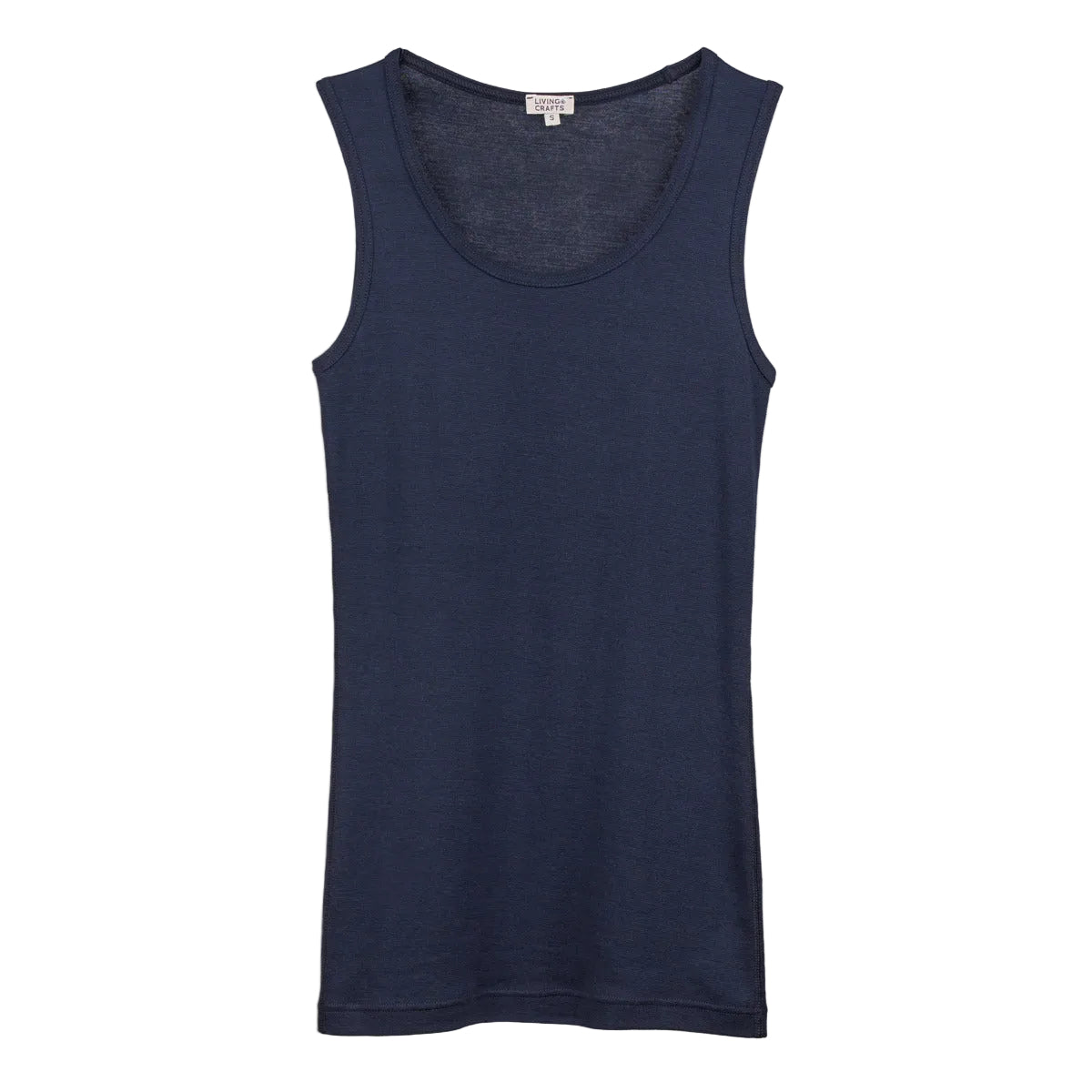 A dark navy blue sleeveless tank top with a wide scoop neckline, displayed flat against a white background.