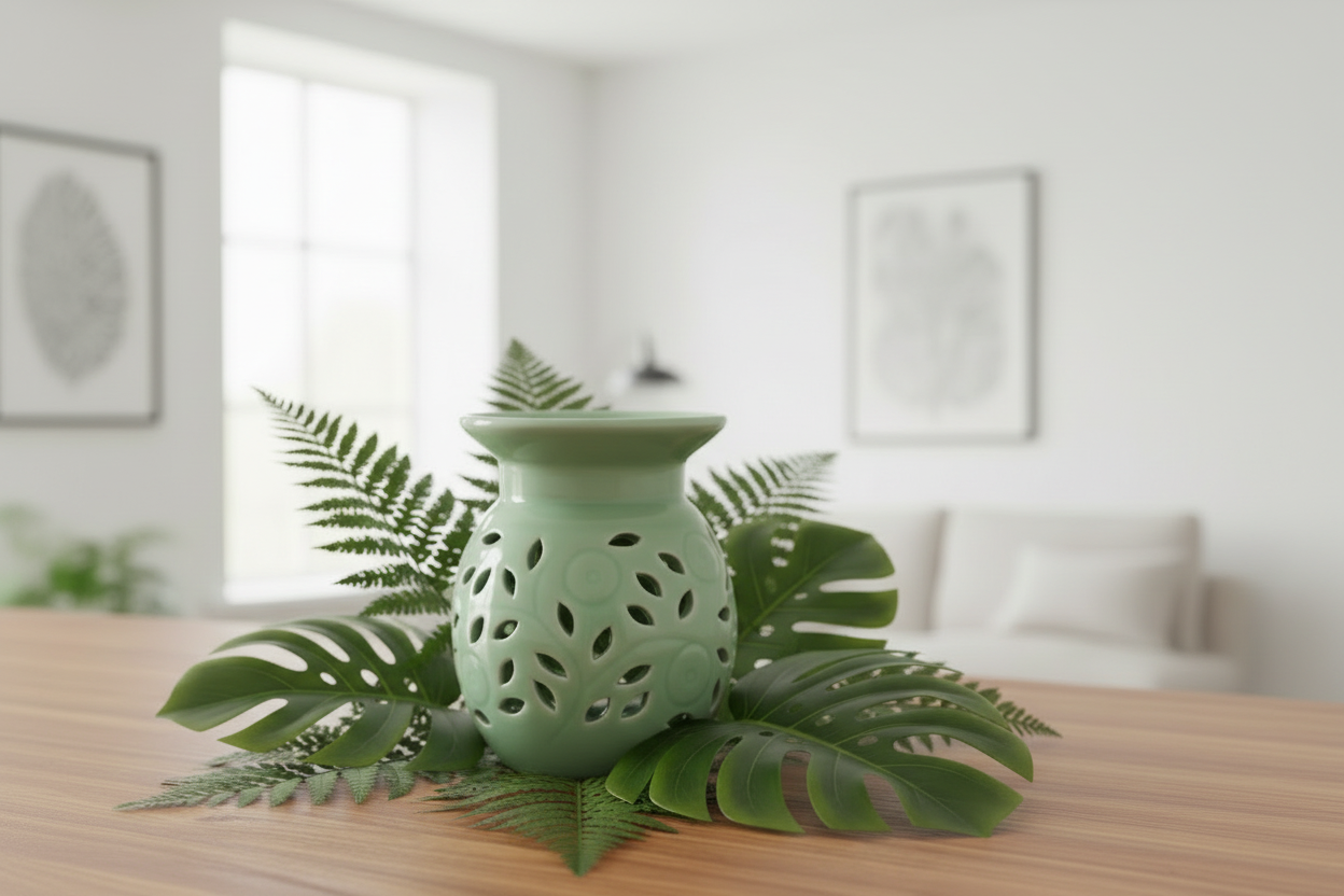 Green ceramic diffuser with leaves on a wooden surface in a room.