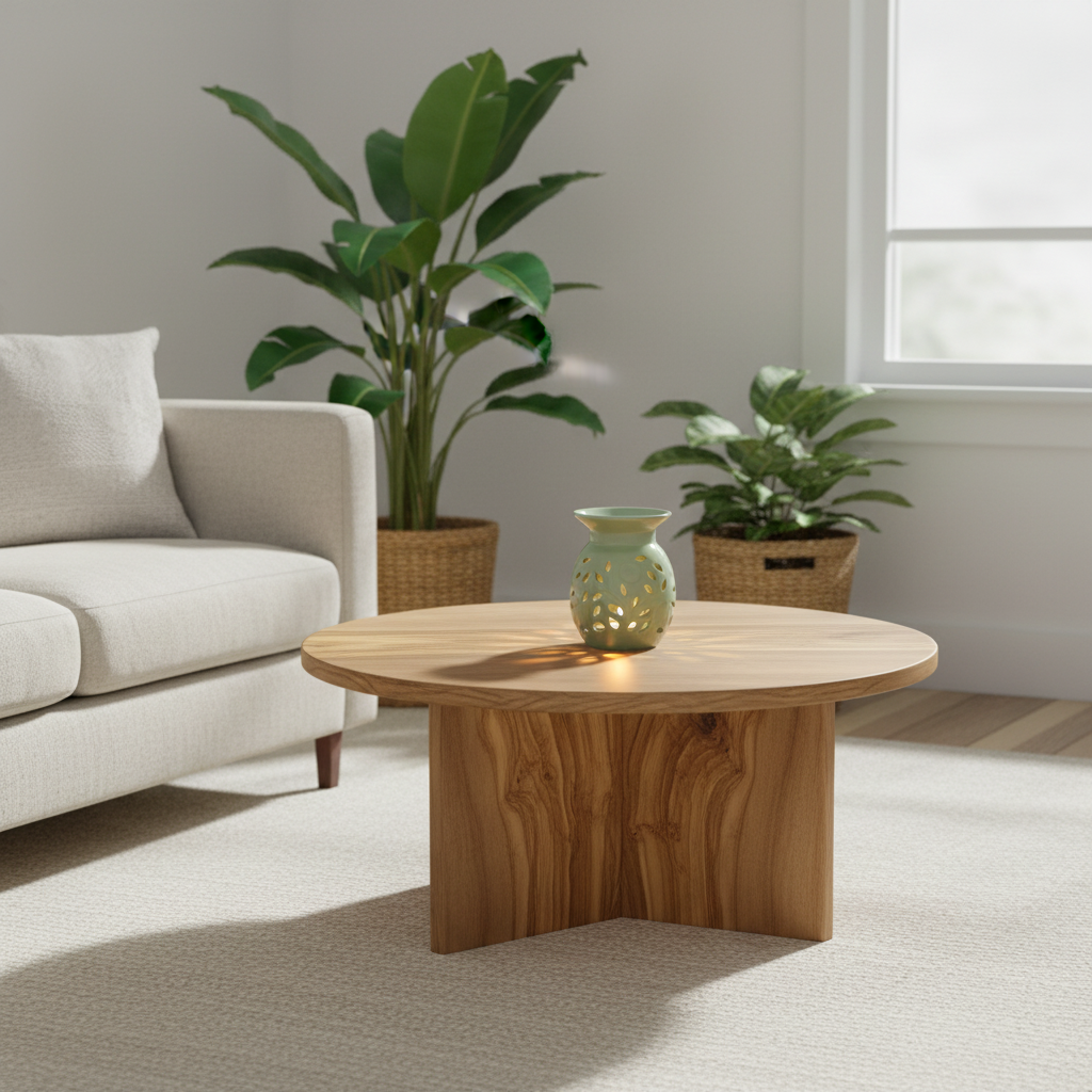 A round wooden coffee table with a carved pedestal base and a small ceramic oil burner on top, set in a bright living room next to a light beige sofa and potted plants