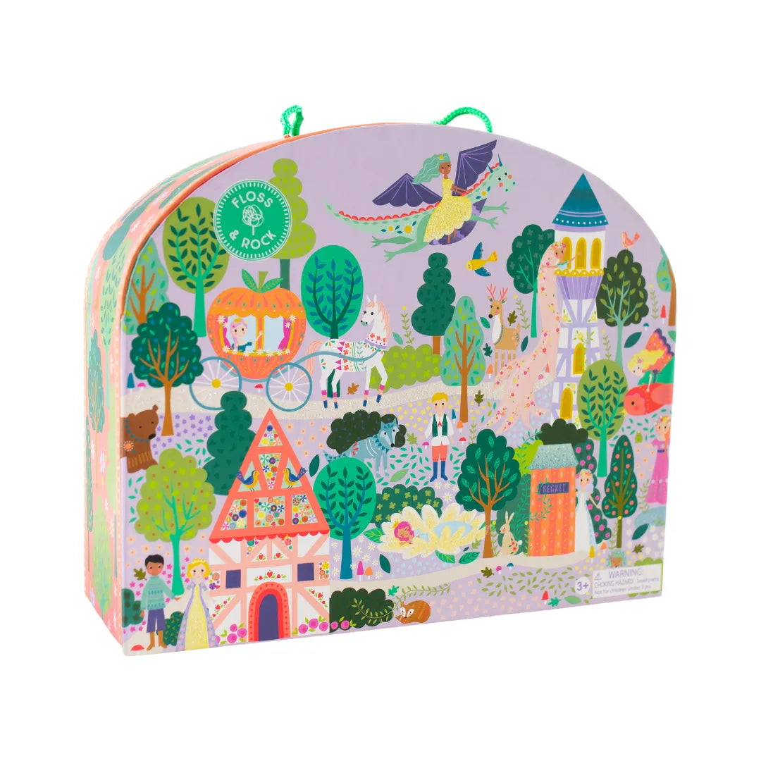 Colorful toy box with cartoon illustrations of trees, houses, and animals on a white background.