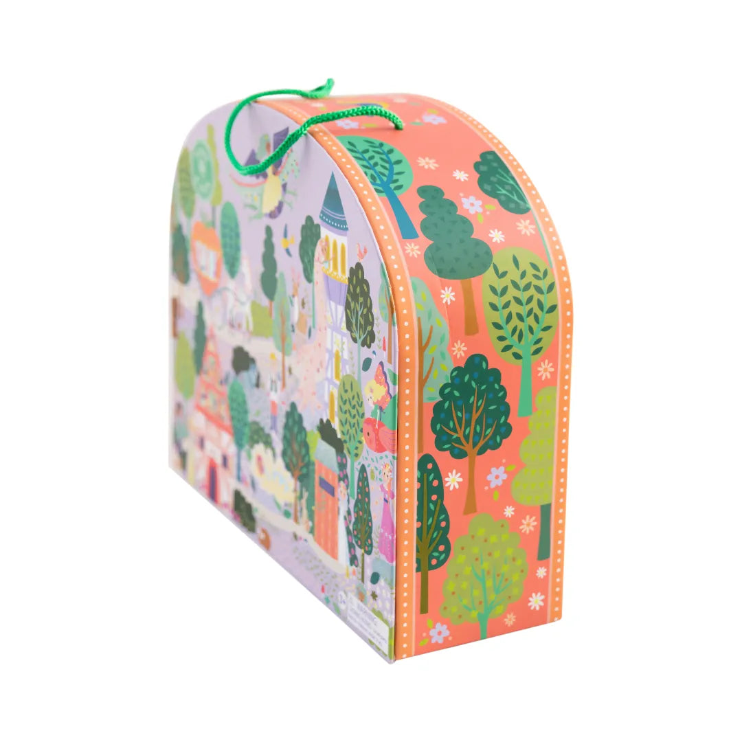 A colorful wooden toy castle playset with a rainbow arch, trees, birds, and small wooden figures and vehicles
