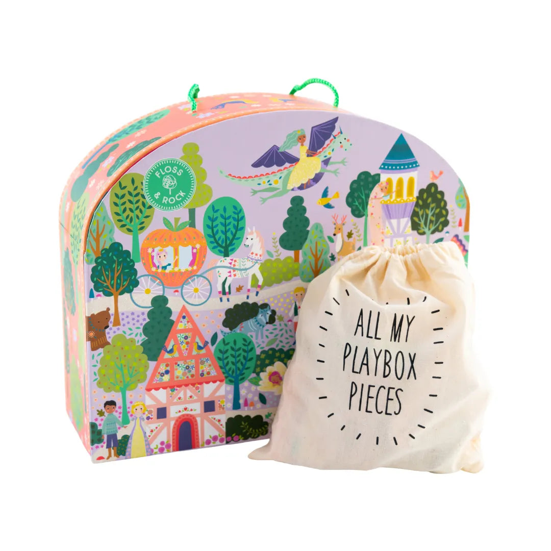 A magical Fairy Tale Playbox with toys in a  Colorful toy storage box with a drawstring bag labelled 'All My Playbox Pieces' on a white background