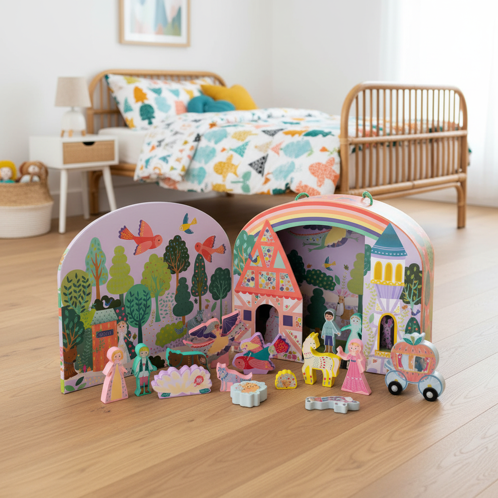 A colourful wooden toy castle playset with a rainbow arch, trees, birds, and small wooden figures and vehicles, displayed on a wooden floor in a child's bedroom with a bed and crib in the background.
