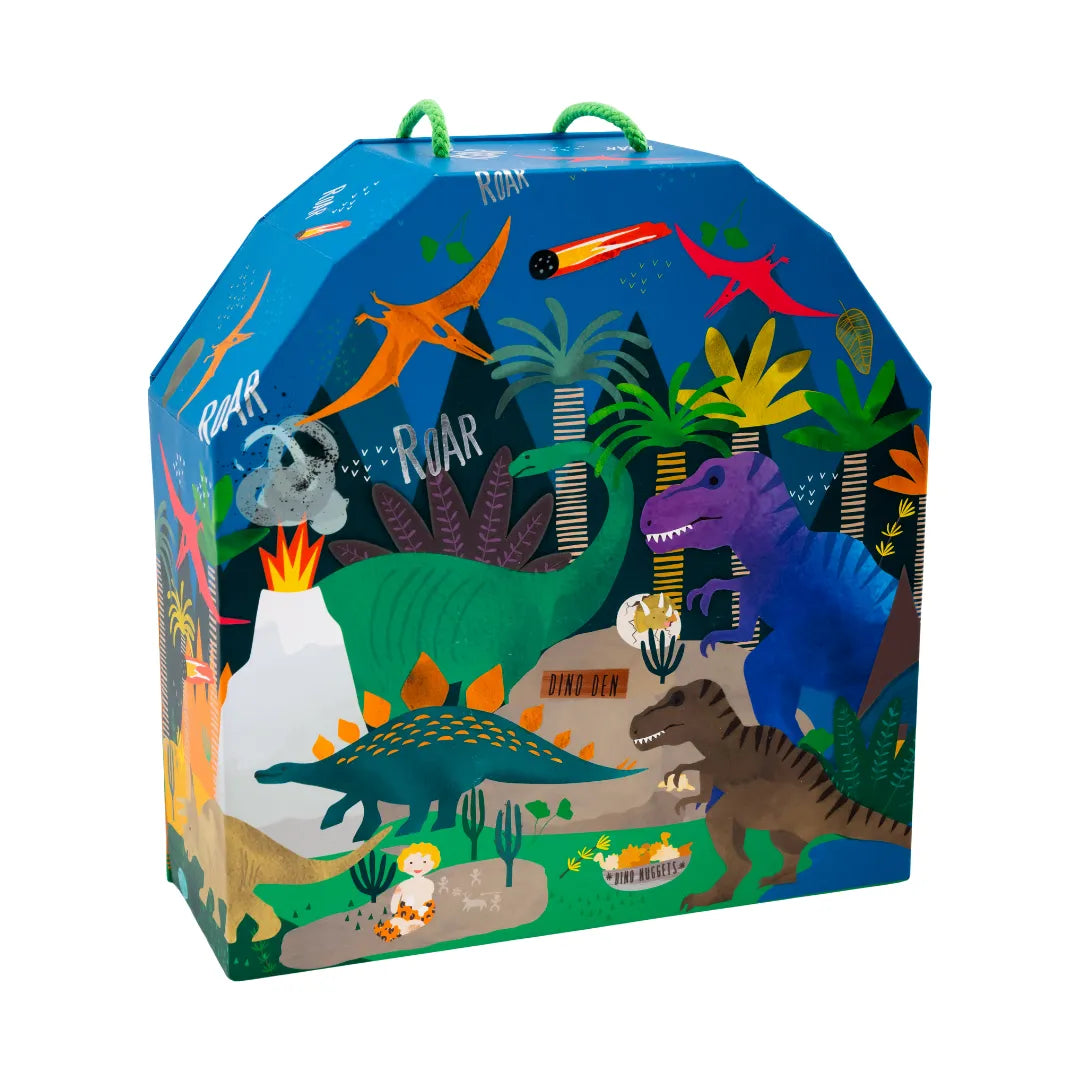 Colorful dinosaur-themed gift box with illustrations of various dinosaurs and plants on a blue background.