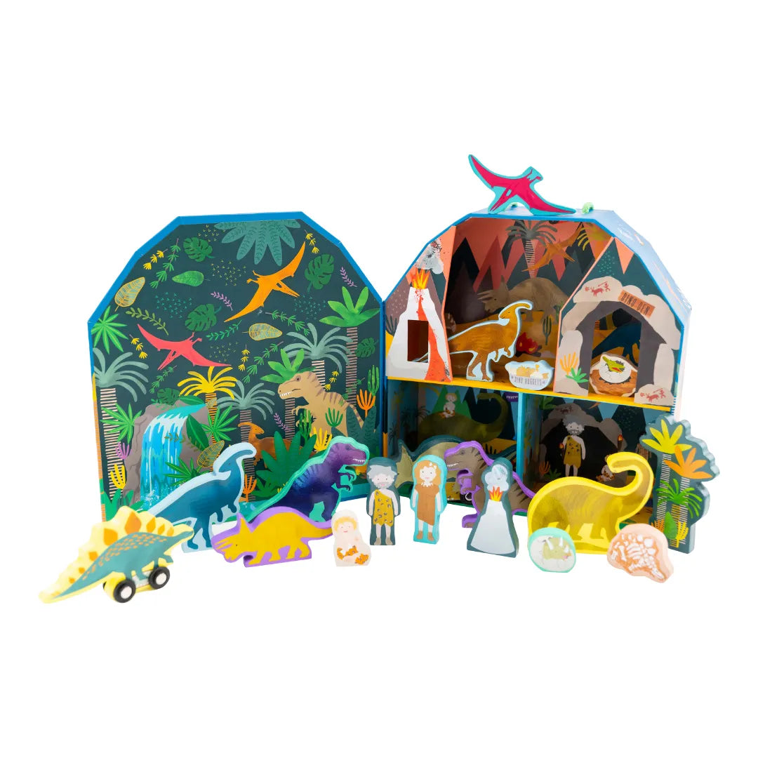 Toy set with colorful dinosaur figures and a detailed playset on a white background