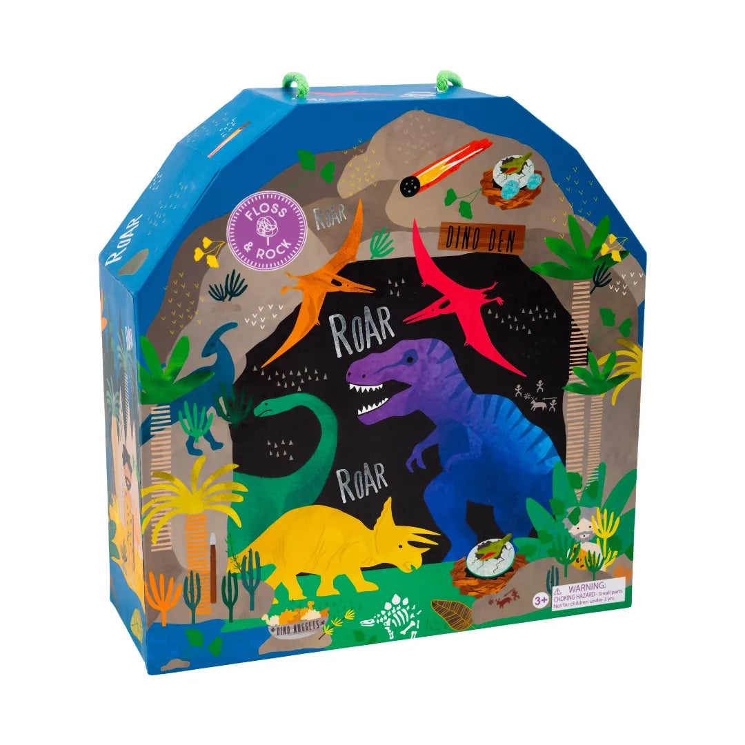 Colorful dinosaur-themed toy box with various dinosaurs and a 'Floss & Rock' logo.