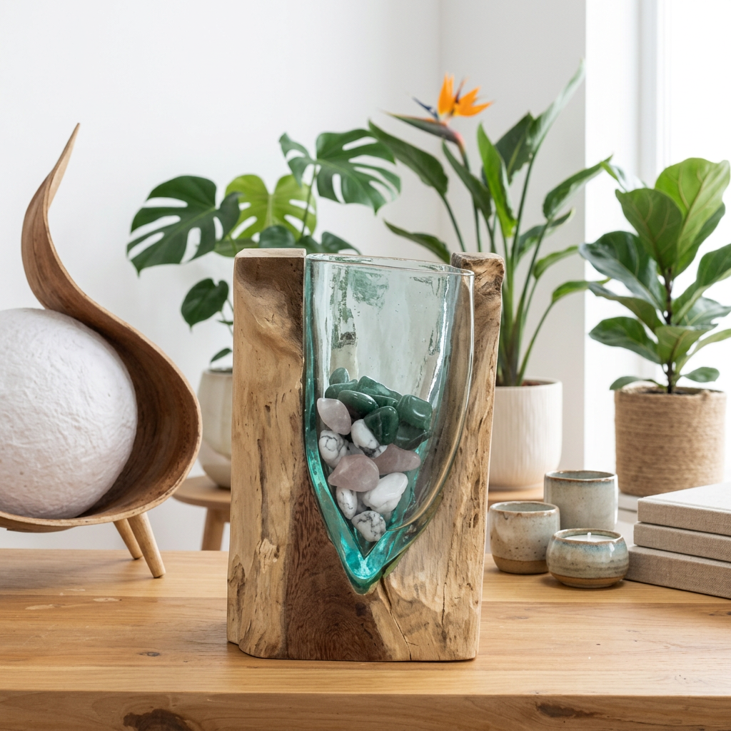 A decorative glass vase with a natural wood slab base, displayed on a wooden table in a styled interior setting with potted plants and ceramic cups.