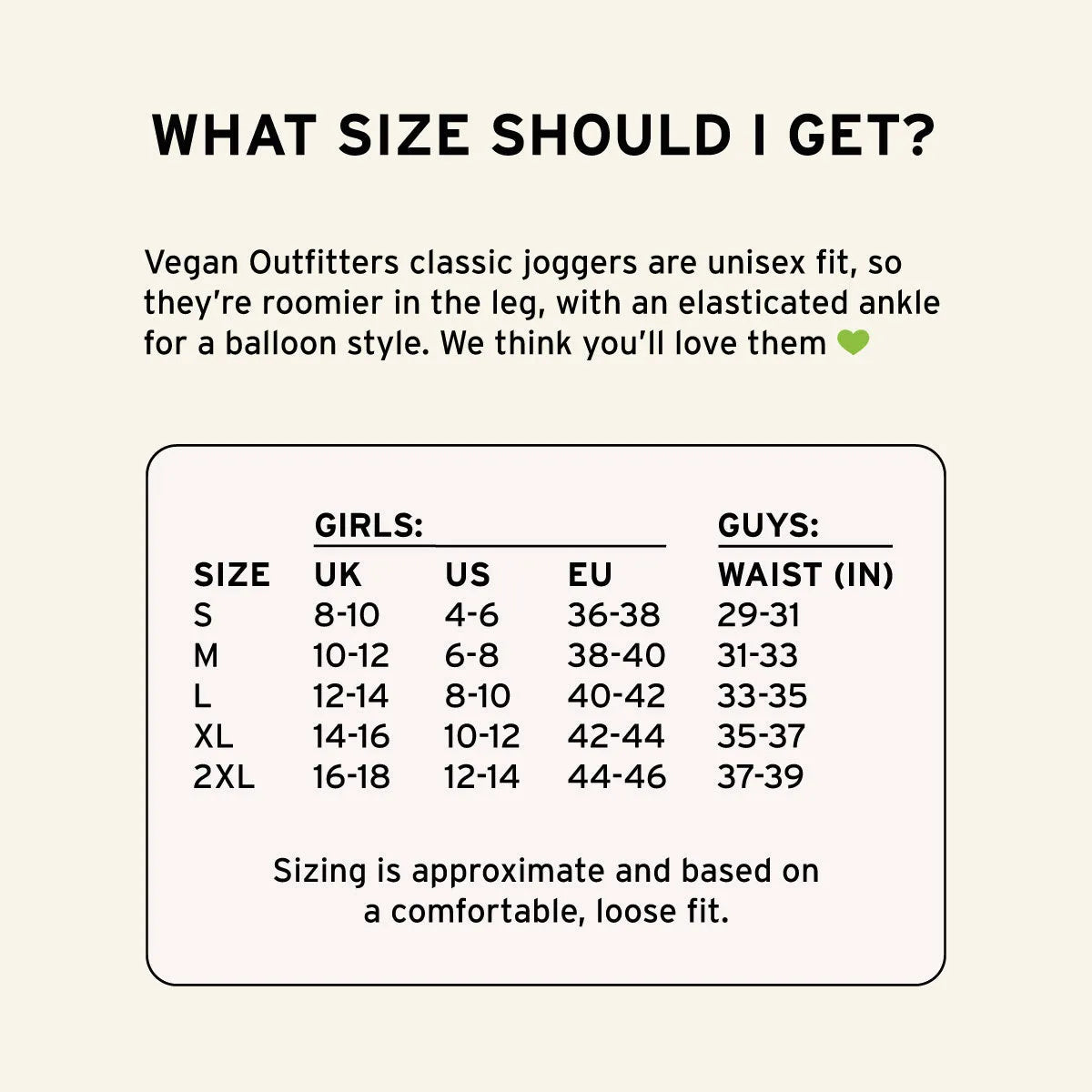 Size chart for Vegan Outfitters joggers with conversion guide from UK, US, EU to waist size.