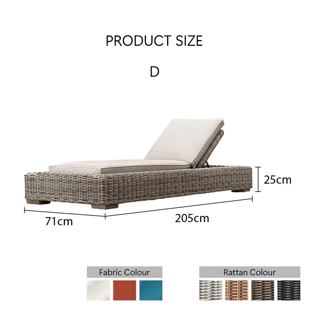 Measurement chart of a lounge chair with dimensions and fabric rattan color options.