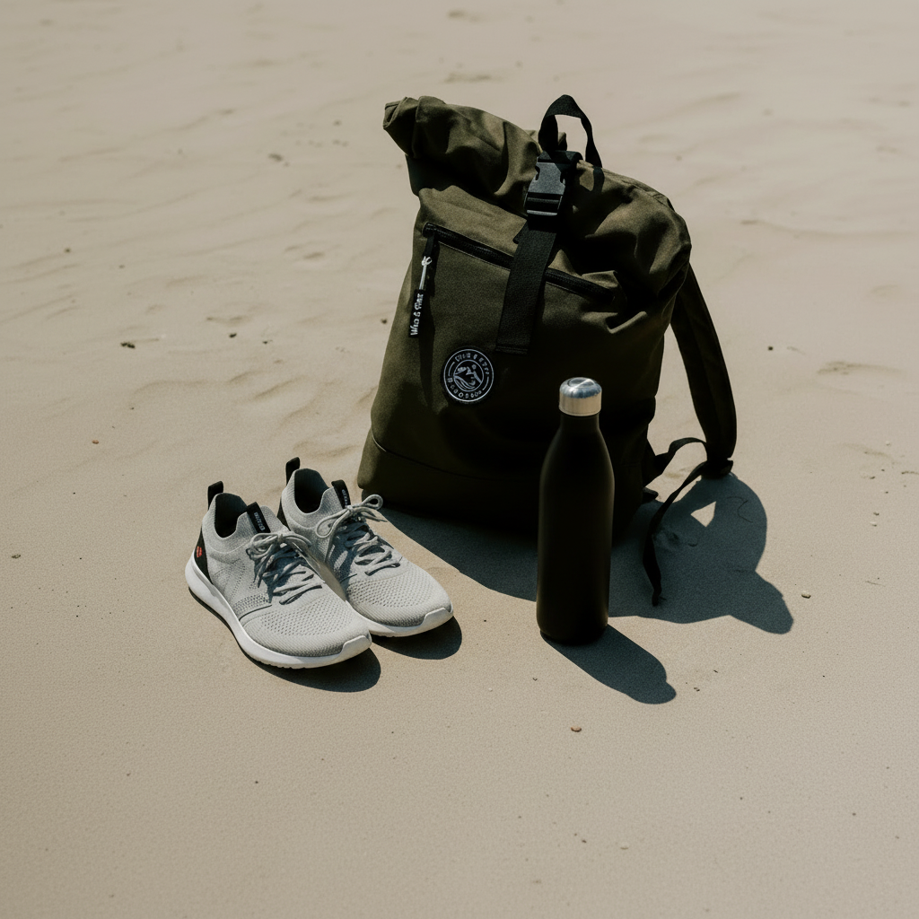 Green backpack, white sneakers, and black water bottle on sandy ground