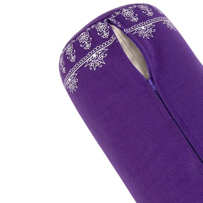 Purple yoga bolster with white patterns on a white background