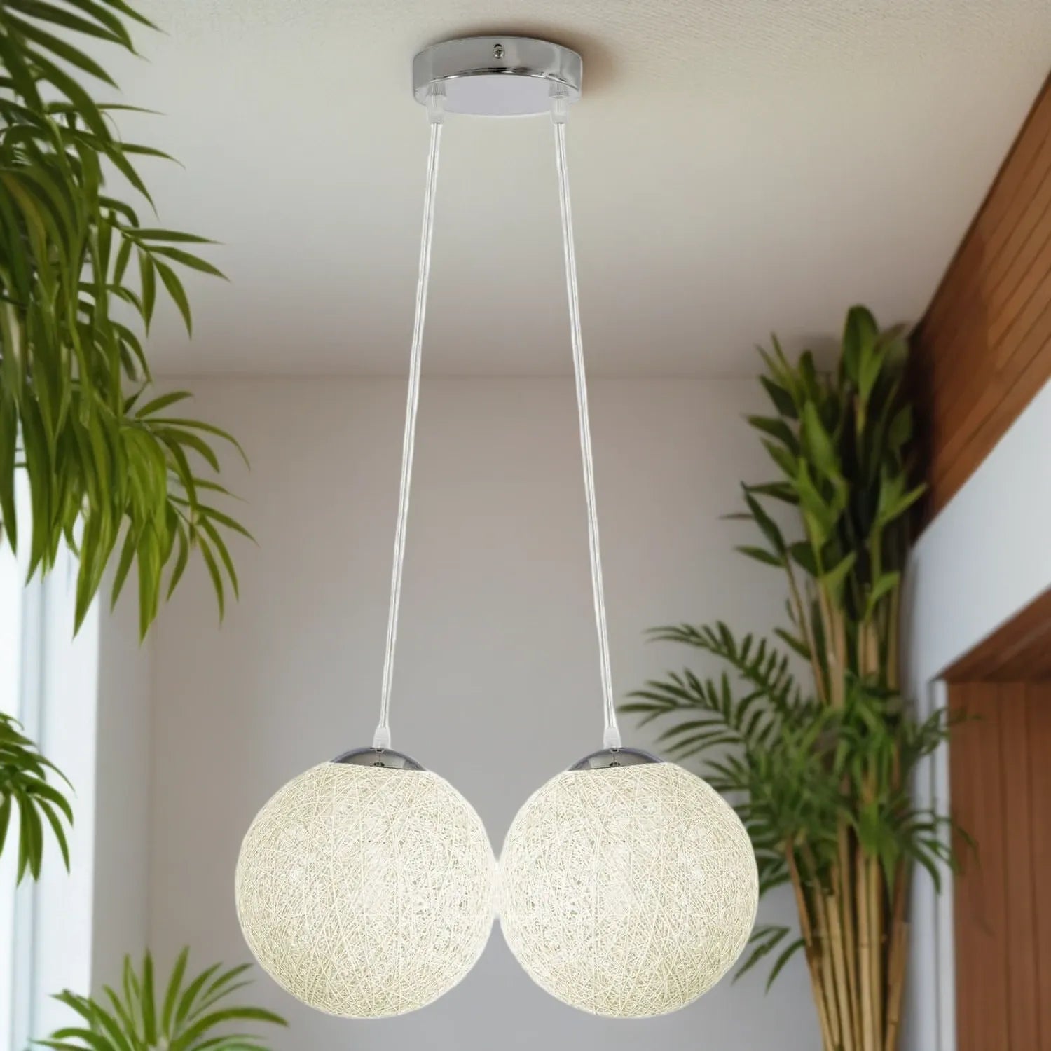 Modern Industrial Rattan Wicker Woven Ball Globe Two Outlet Pendant Light Hanging Ceiling Lamp For Bedroom, Kitchen, Study room~1331-24