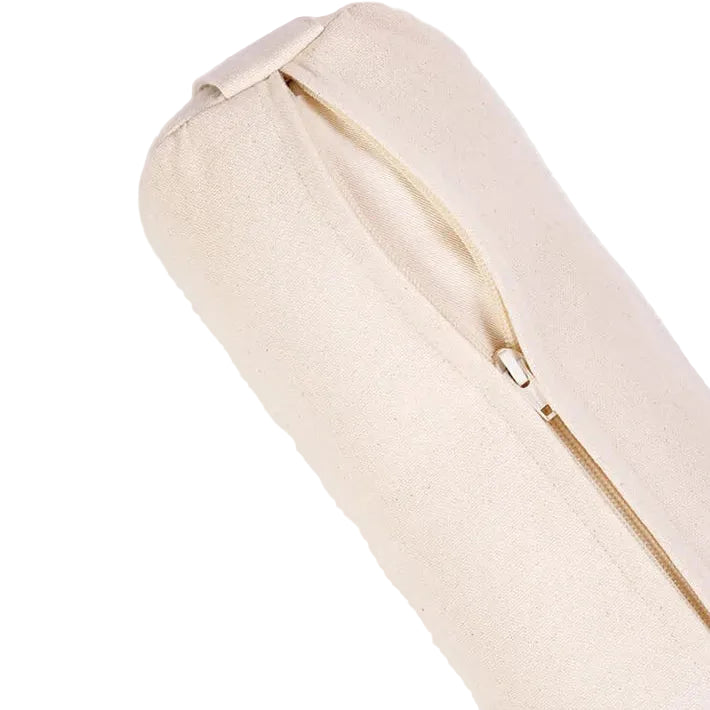 Close-up of a light beige canvas zippered pouch or bag with a gold-tone zipper pull, shown on a plain white background.