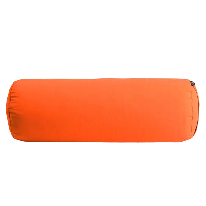 Orange cylindrical pillow on a light gray background