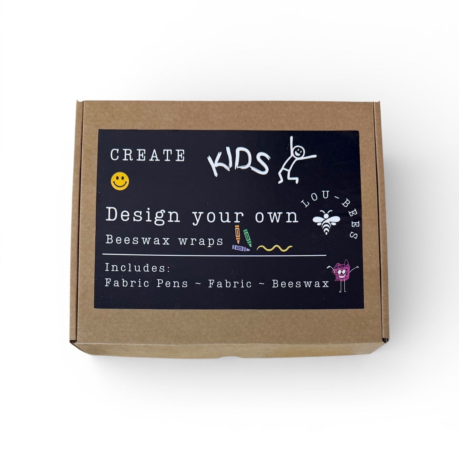 Box for creating kids' beeswax wraps with text and illustrations on a white background