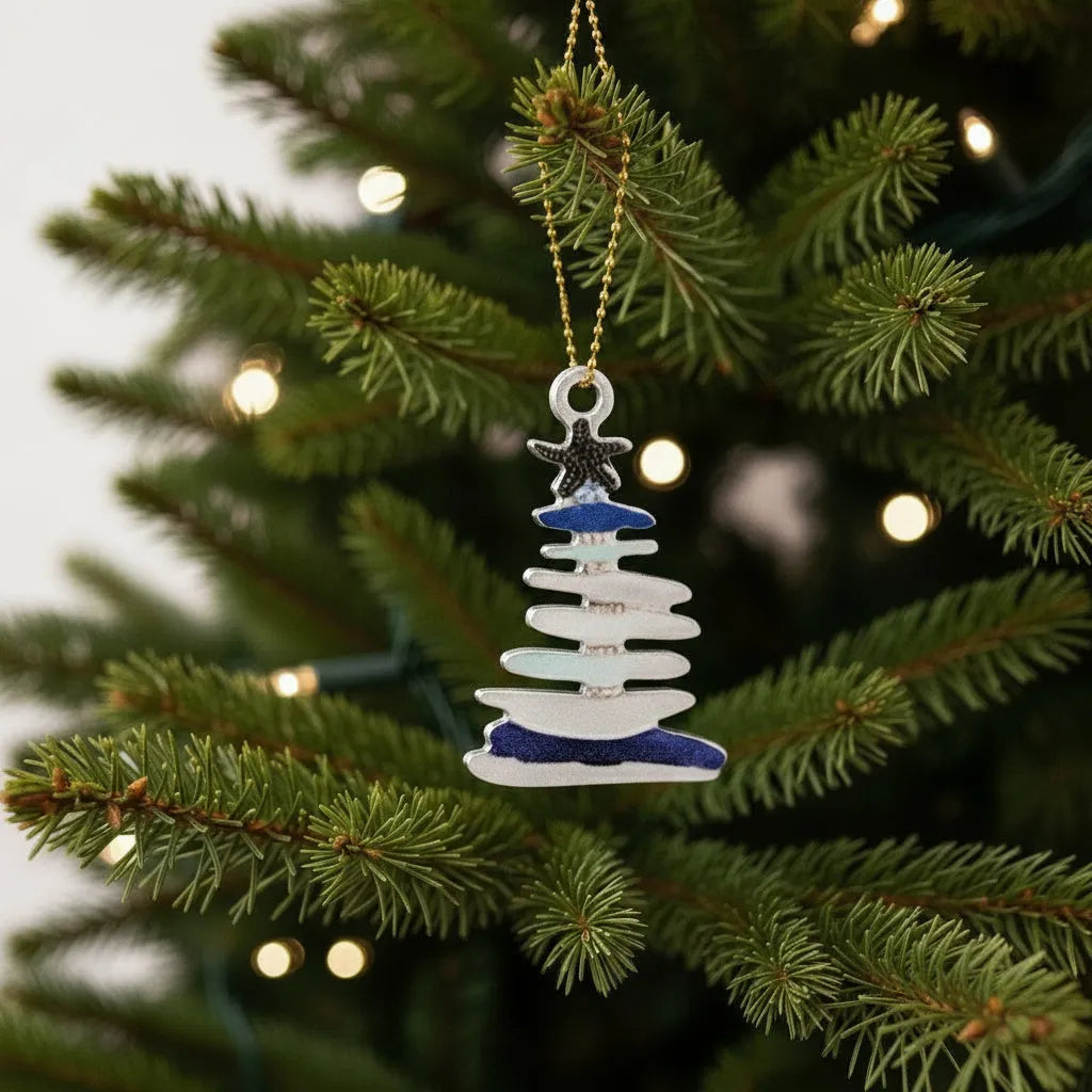 Decorative Christmas ornament on a tree with blurred lights in the background