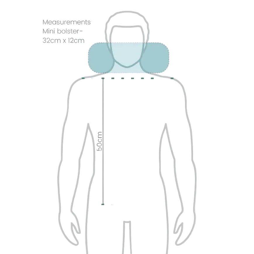 Measurement chart showing a mini bolster pillow on a person's head with dimensions.