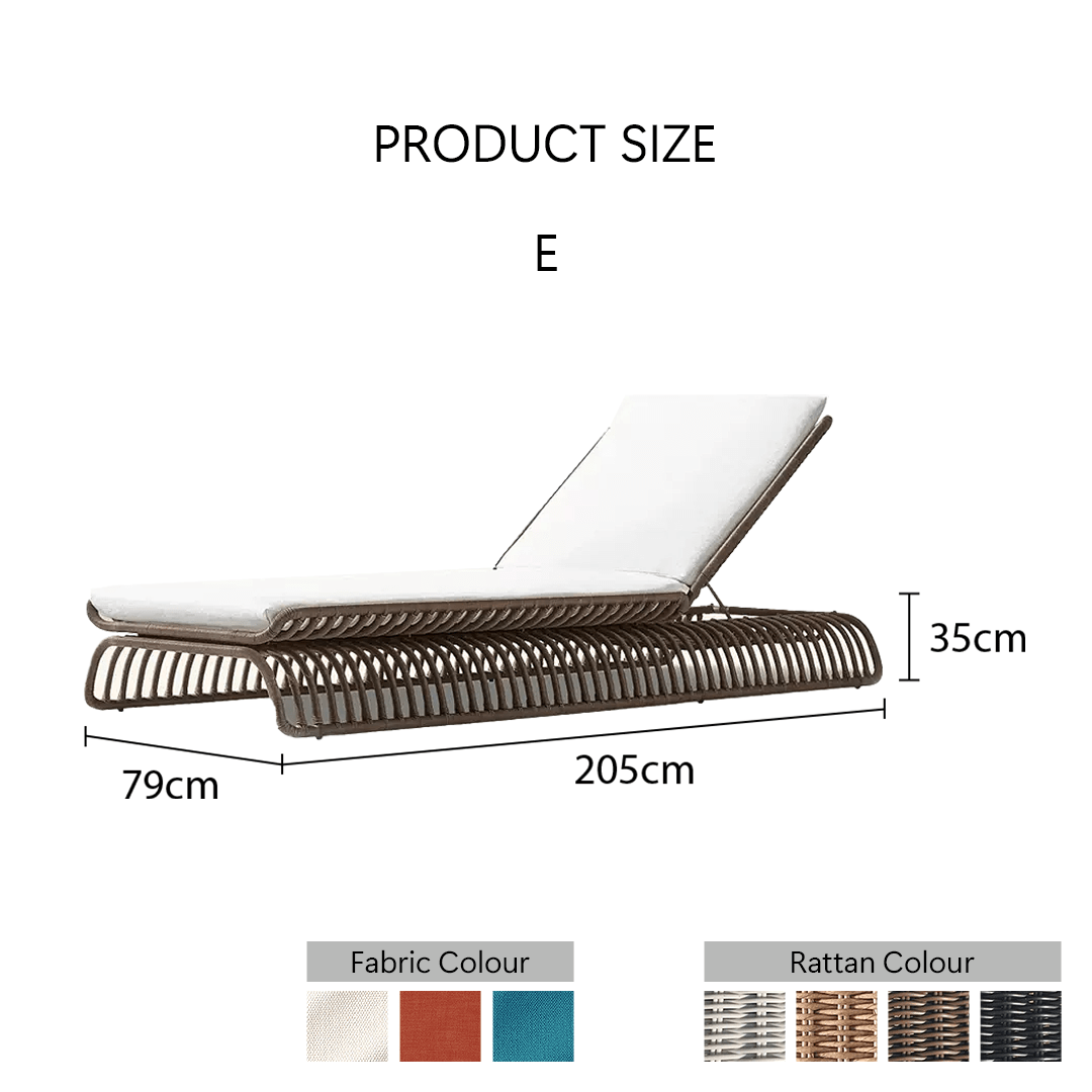 Measurement chart for a sun lounger with dimensions and color options.