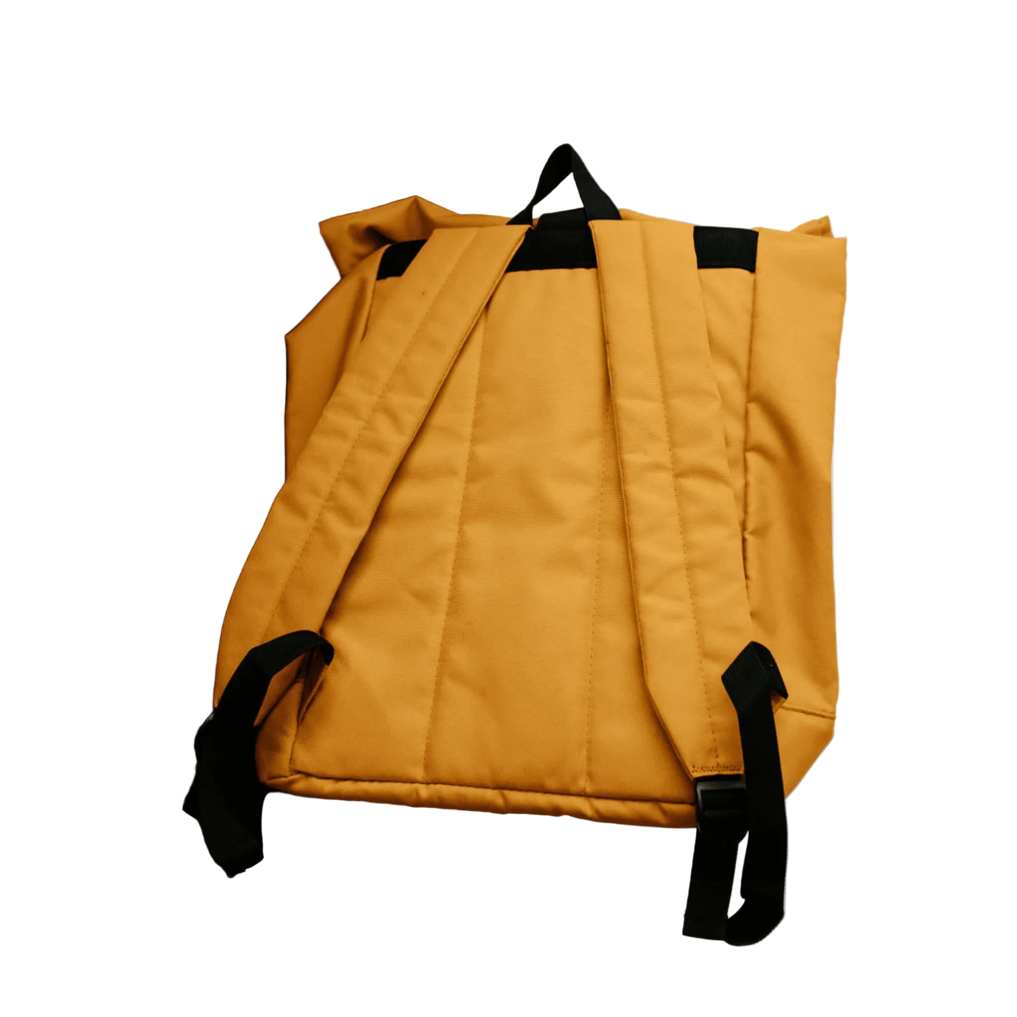 Yellow backpack with black straps on a white background