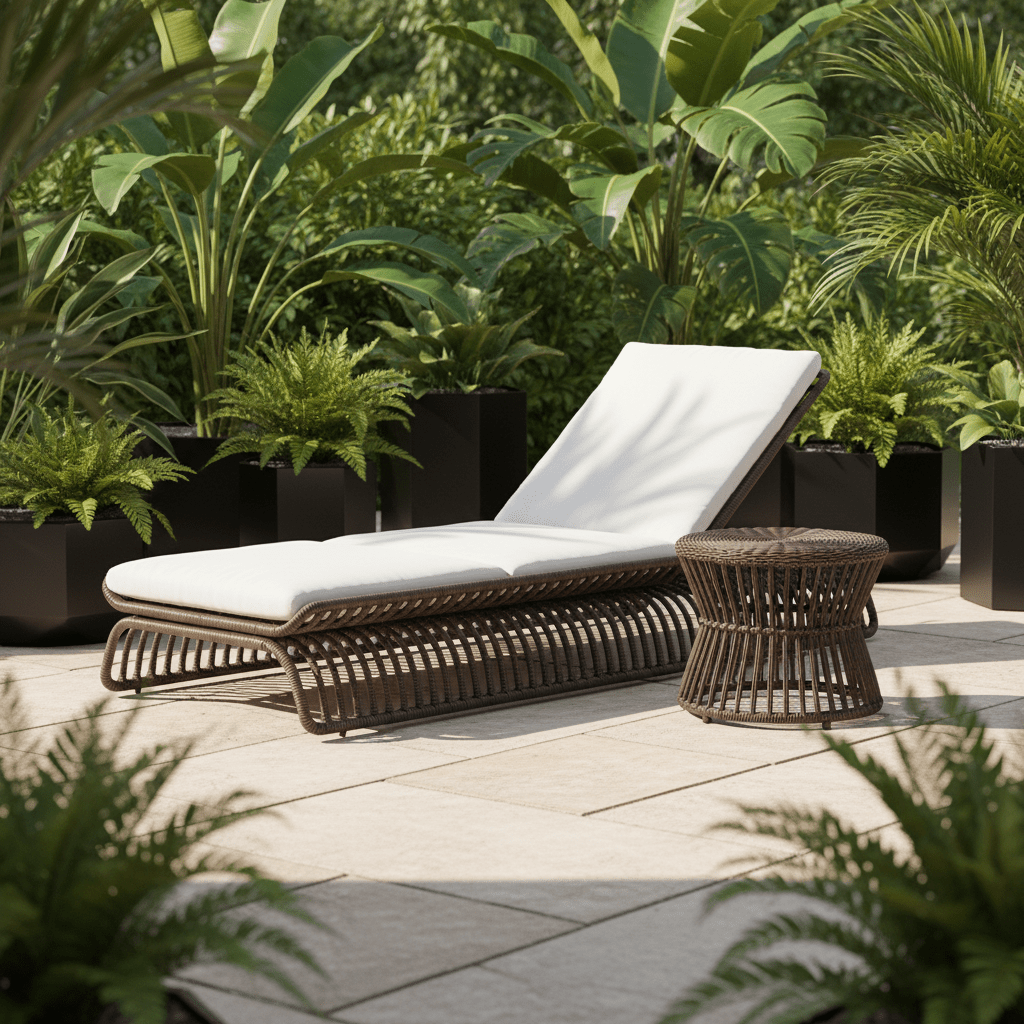 Wicker lounge chair with white cushion on a patio surrounded by potted plants