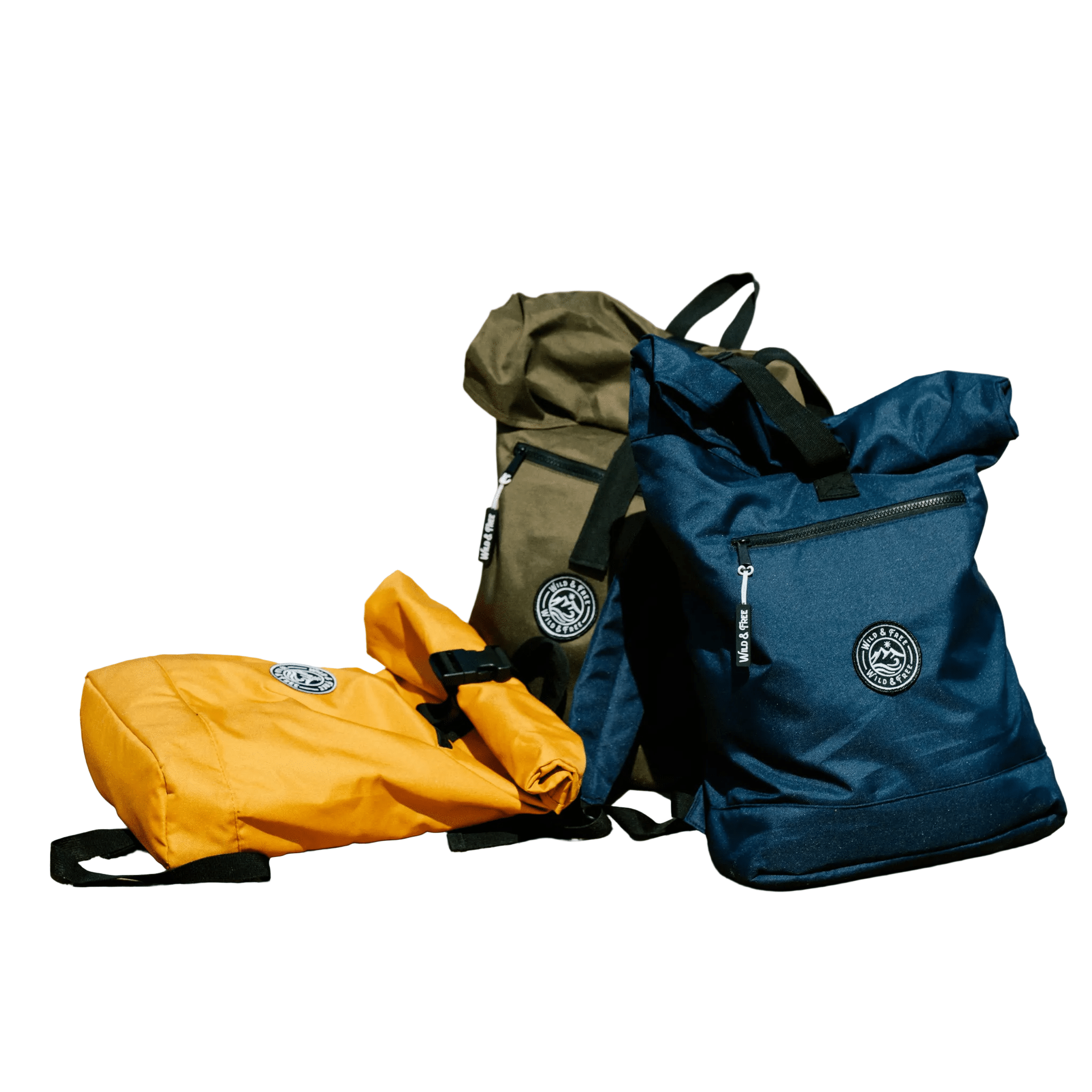 Three backpacks in yellow, green, and blue on a white background