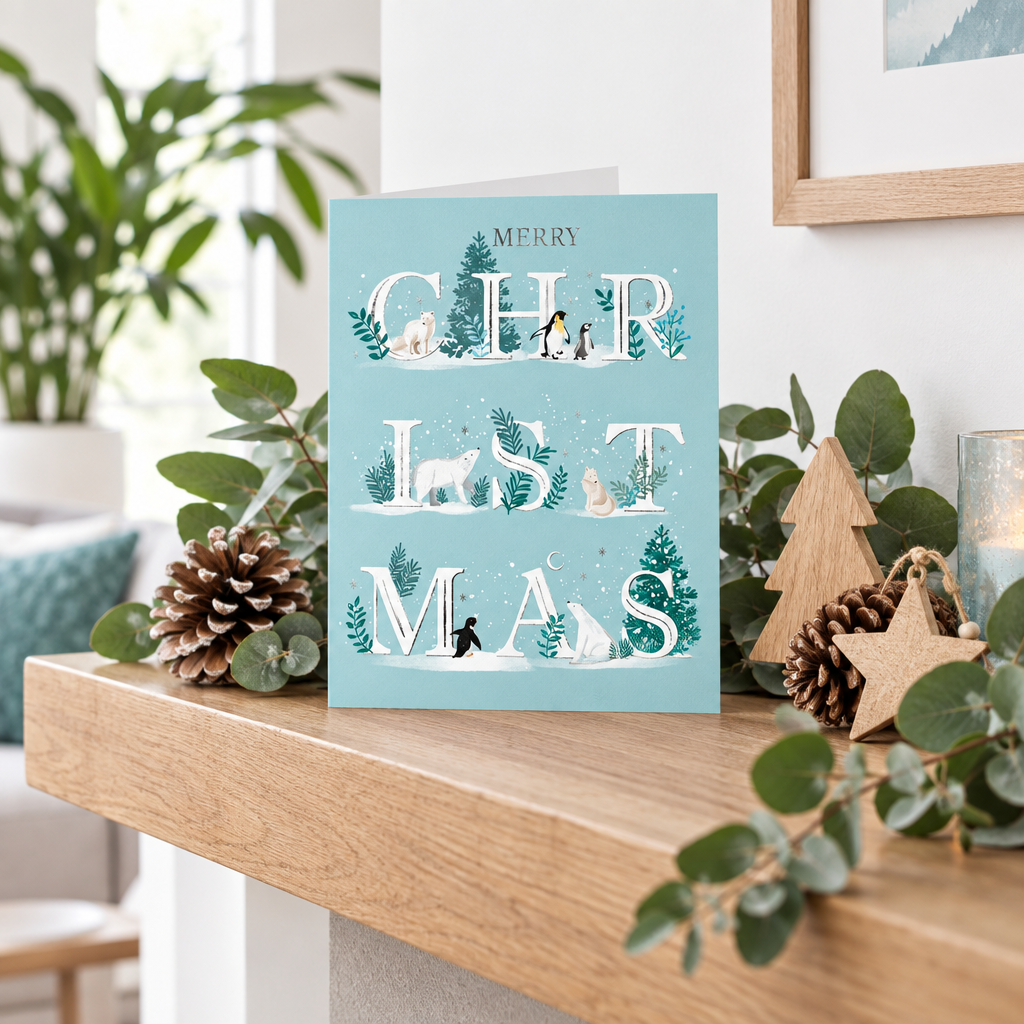 Pale blue-green Tom Smith Christmas card with decorative Merry Christmas lettering, polar bears and penguins, displayed on a wooden mantel.