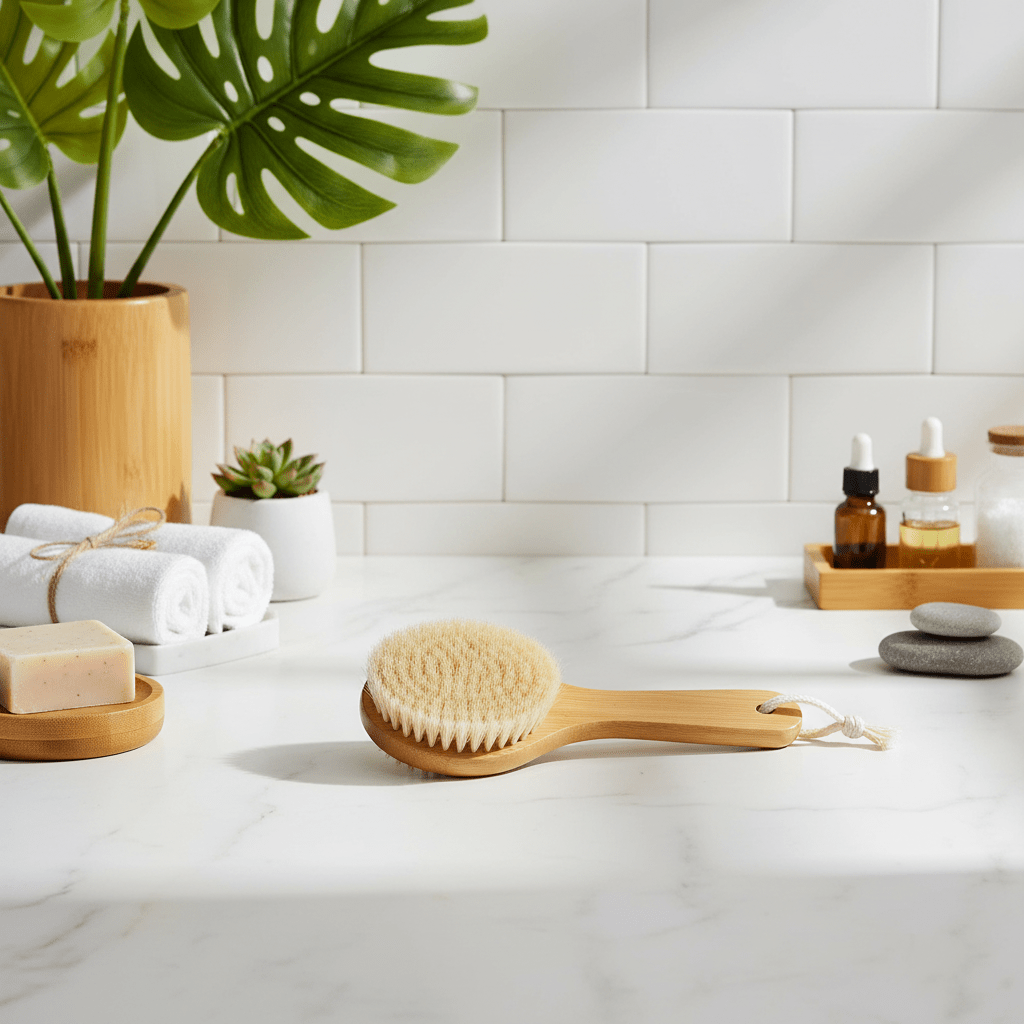 Wooden brush on a bathroom counter with towels, soap, and plants in the background.
