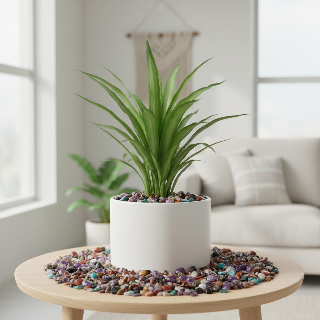 Potted plant on a wooden table with pebbles in a bright living room.