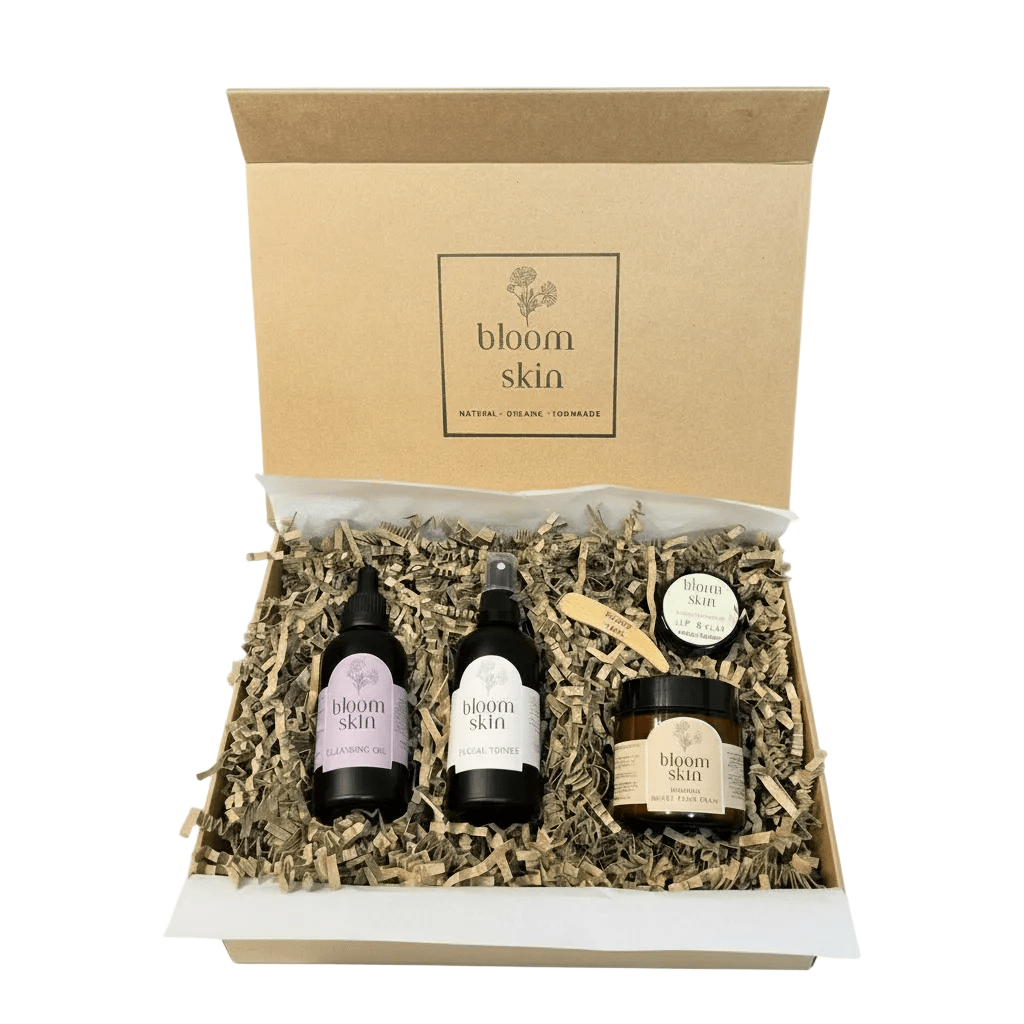 Gift set with 'bloom skin' products in a box on a white background