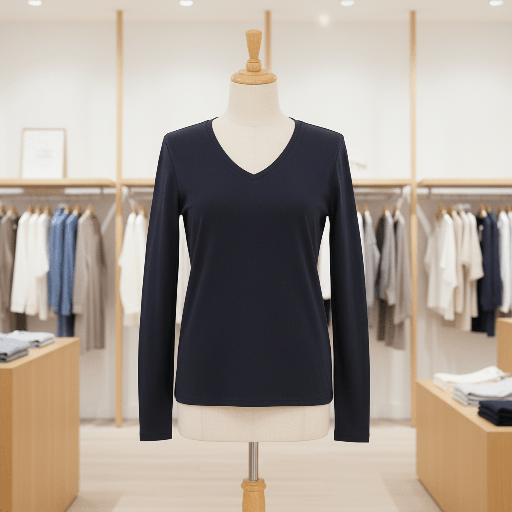 Black long-sleeve shirt on a mannequin in a clothing store.