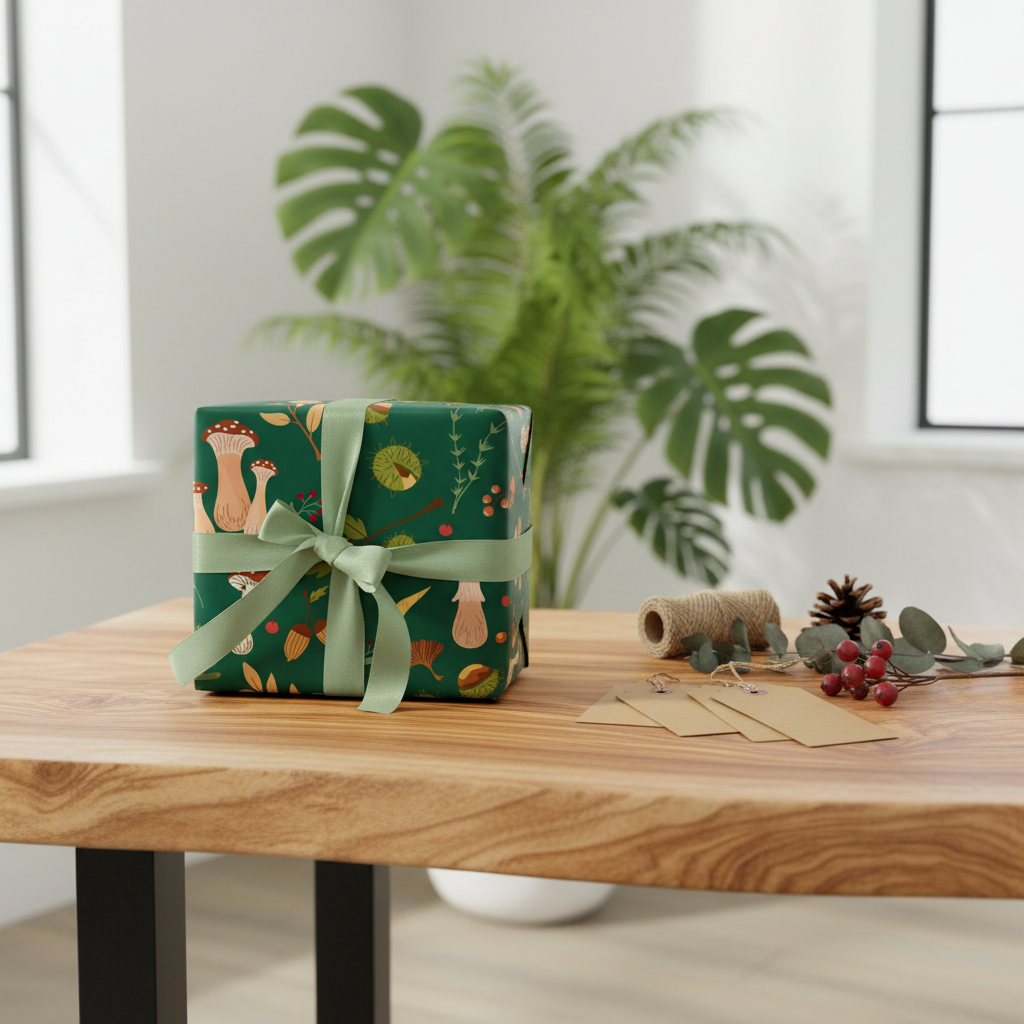 A wrapped gift box with a green forest-themed wrapping paper and matching ribbon sits on a wooden table in a bright room, with a potted monstera plant in the background and gift tags, twine, and berries nearby.