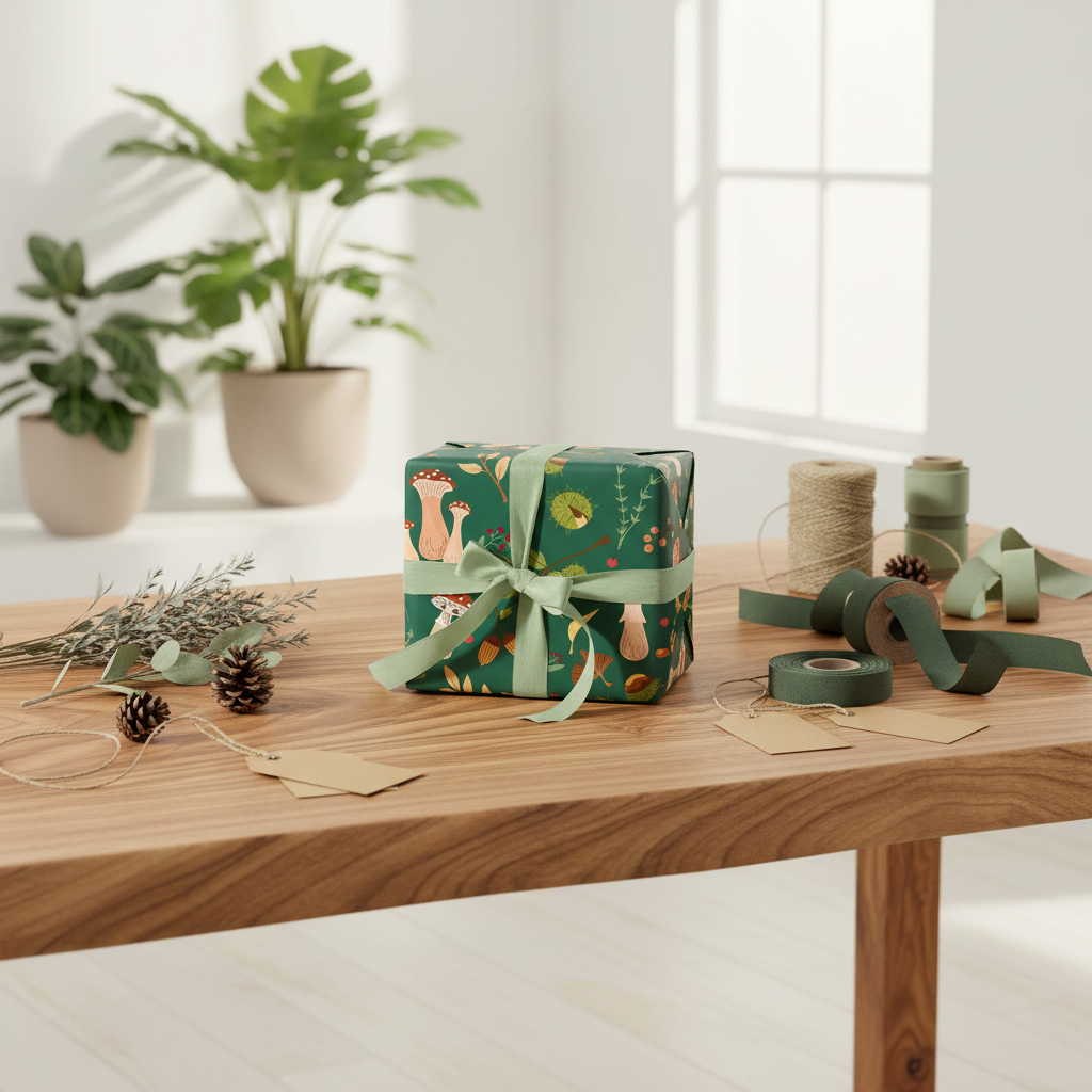 A wrapped gift box sits on a wooden table in a bright, modern room. The box is wrapped in green patterned paper with a matching green ribbon.