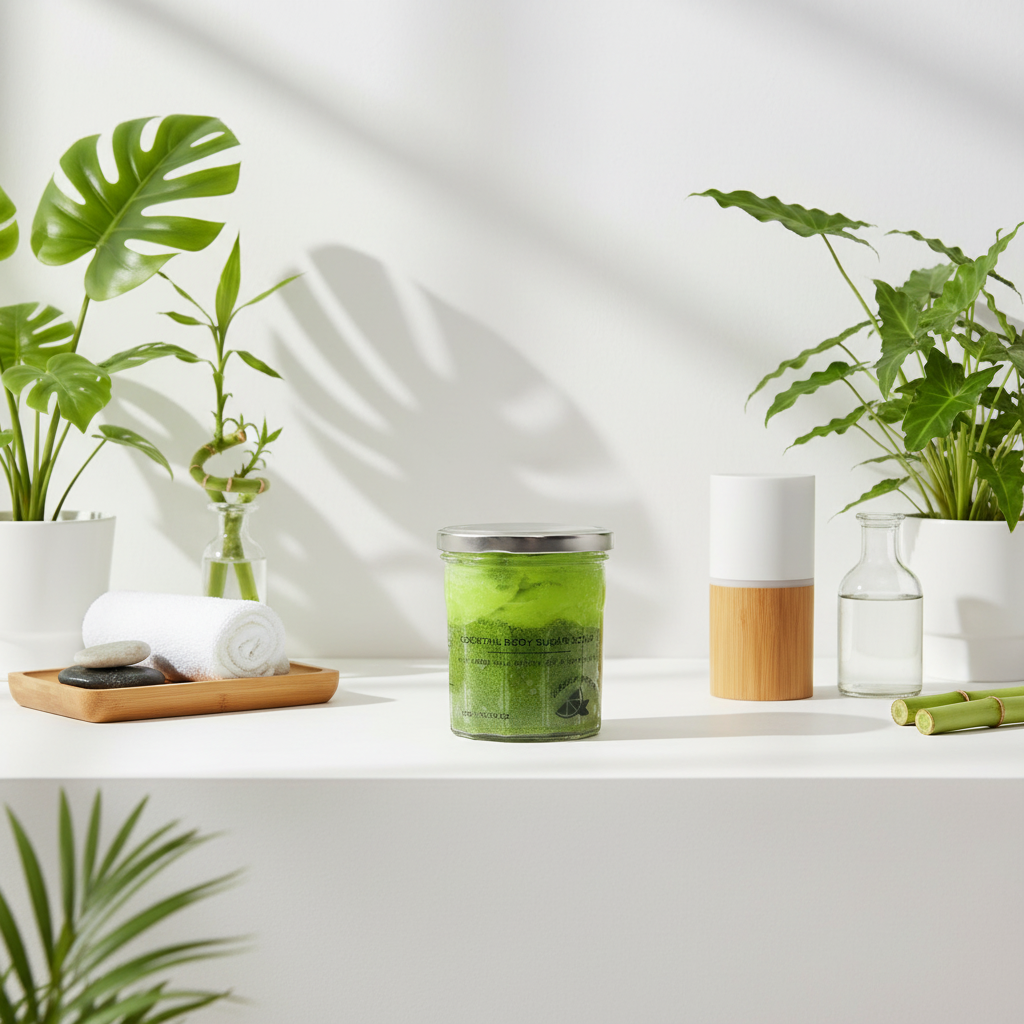 A jar of green sugarscrub, In a modern white bathroom, with bamboo wood, eco-friendly decor, and exotic green plants.