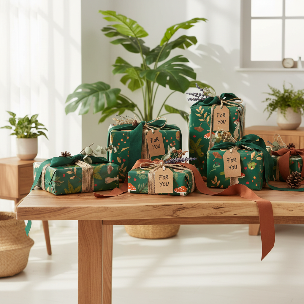 A collection of wrapped gift boxes and packages on a wooden table, decorated with green botanical patterned wrapping paper, brown ribbons, and kraft paper tags that read 'For You'. The scene is styled in a bright, modern room with potted plants and natural light.