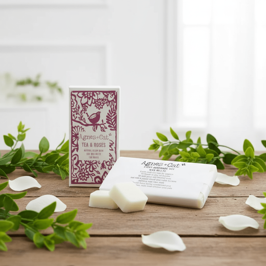 Agnes & Cat wax melts and packaging on a wooden surface with greenery