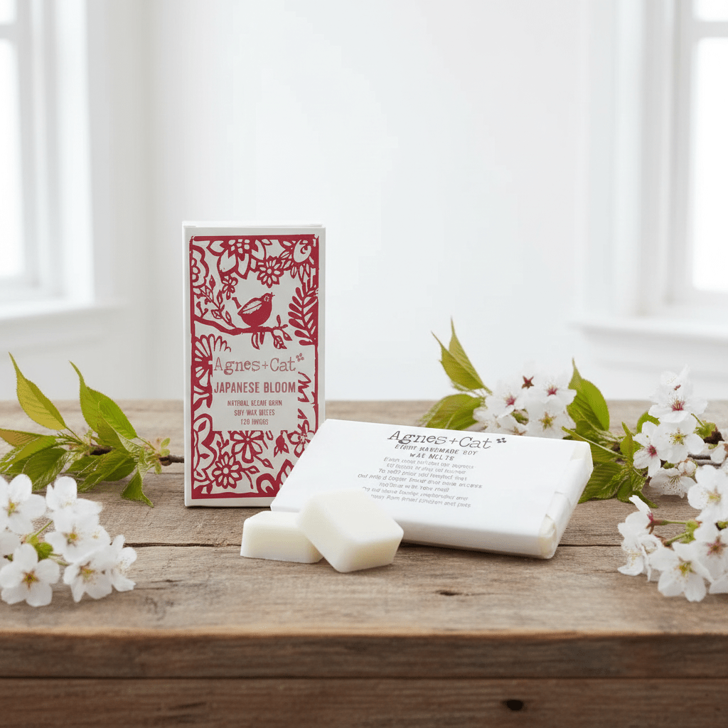 Soy wax melts and packaging on a wooden surface with cherry blossoms