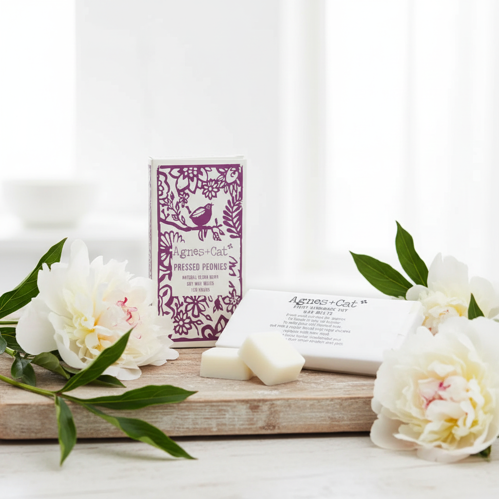 Soy wax melts in Product packaging with flowers on a white background