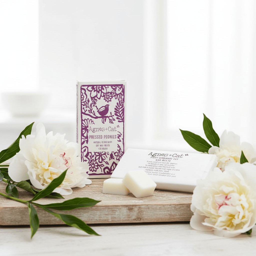 Soy wax melts in Product packaging with flowers on a white background