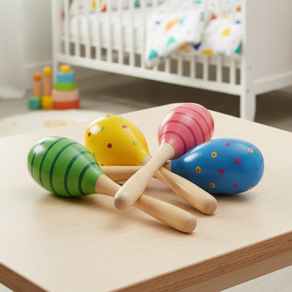 Four wooden maracas in green, yellow, pink, and blue, decorated with stripes and polka dots, arranged on a light wooden table in a baby's nursery.