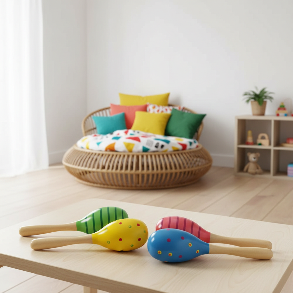 Four colorful wooden toy maracas with patterned bodies and light wood handles are arranged on a light wood table in a bright, modern nursery or playroom. A woven round daybed with colorful pillows and a small shelf are visible in the softly blurred background.