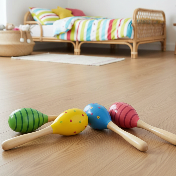 Four wooden toy maracas in green, yellow, blue, and pink are lined up on a light wood floor in a child's bedroom, with a striped bed and rattan furniture blurred in the background.