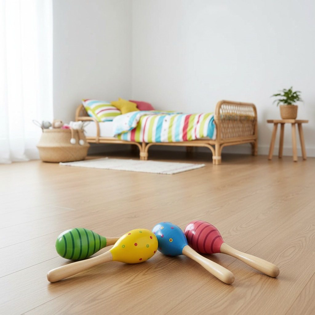 Four colorful wooden toy maracas with painted egg-like tops are arranged on a light wood floor in a softly blurred children's room with a rattan daybed and pastel bedding in the background.