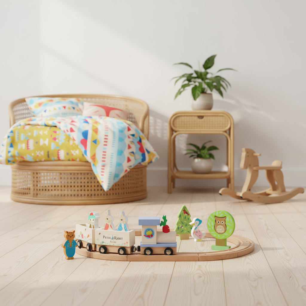 A wooden toy train set with colorful animal and tree figures arranged on a curved wooden track in a bright children's room. A woven rattan bed with patterned bedding, a cane side table with potted plants, and a rocking horse are visible in the background.